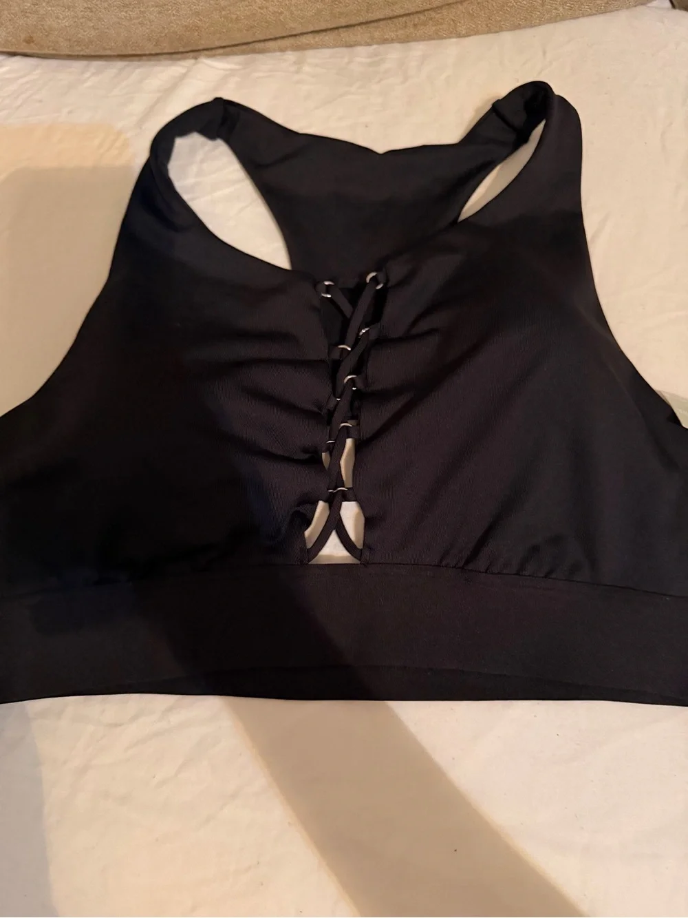 PINK VICTORIAS SECRET Black Lace-Up Racerback Bralette LARGE